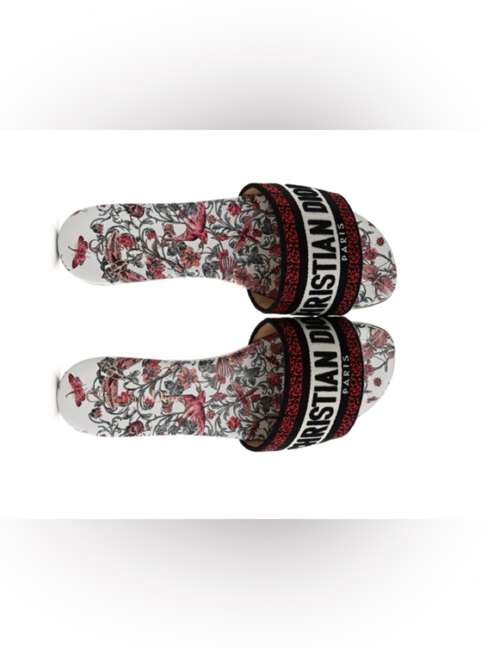 Dior White Slide Sandals with Red Floral Print and Black Logo Strap - Picture 9 of 9